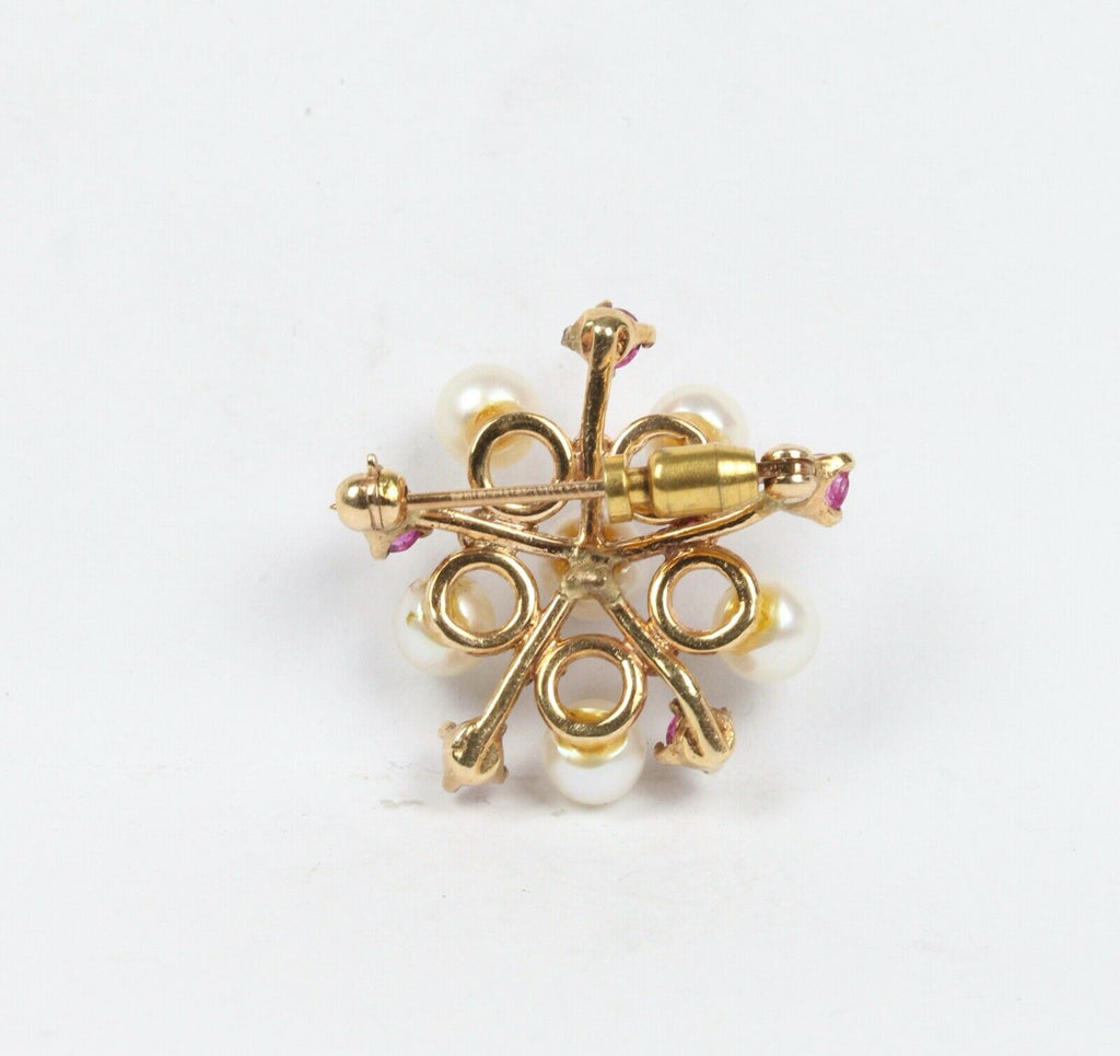 Vintage 14K Yellow Gold Rubies Cultured Pearls Pendant Brooch