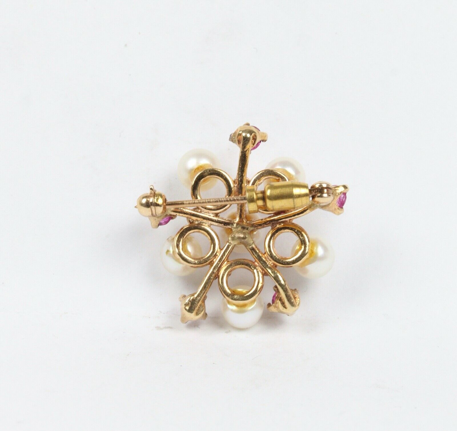 Vintage 14K Yellow Gold Rubies Cultured Pearls Pendant Brooch