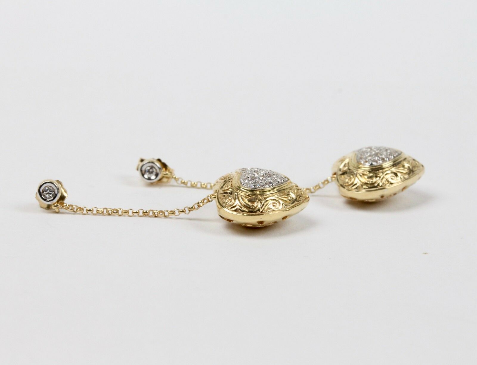 Vintage 14K Yellow Gold Diamond Heart Dangling Earrings