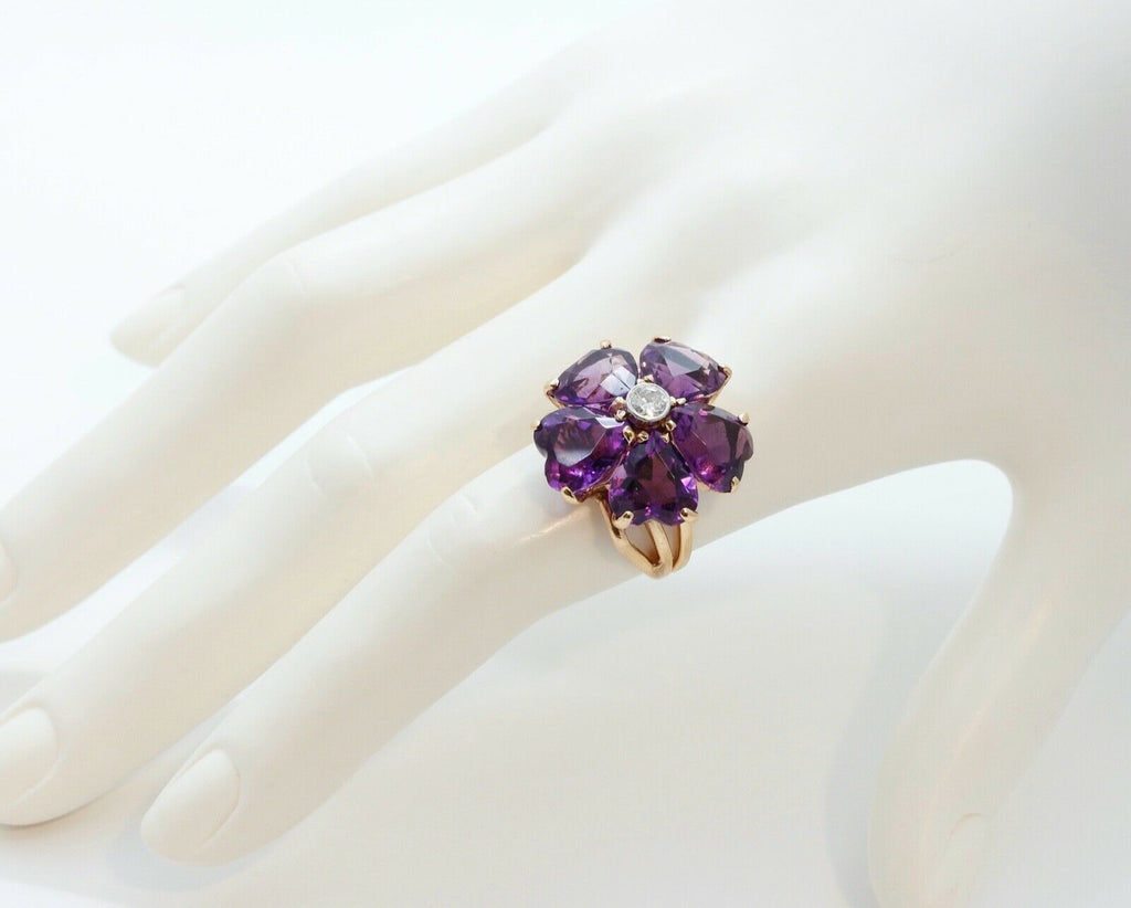 Vintage Siberian Amethyst Hearts Diamond 14K Yellow Gold Ring