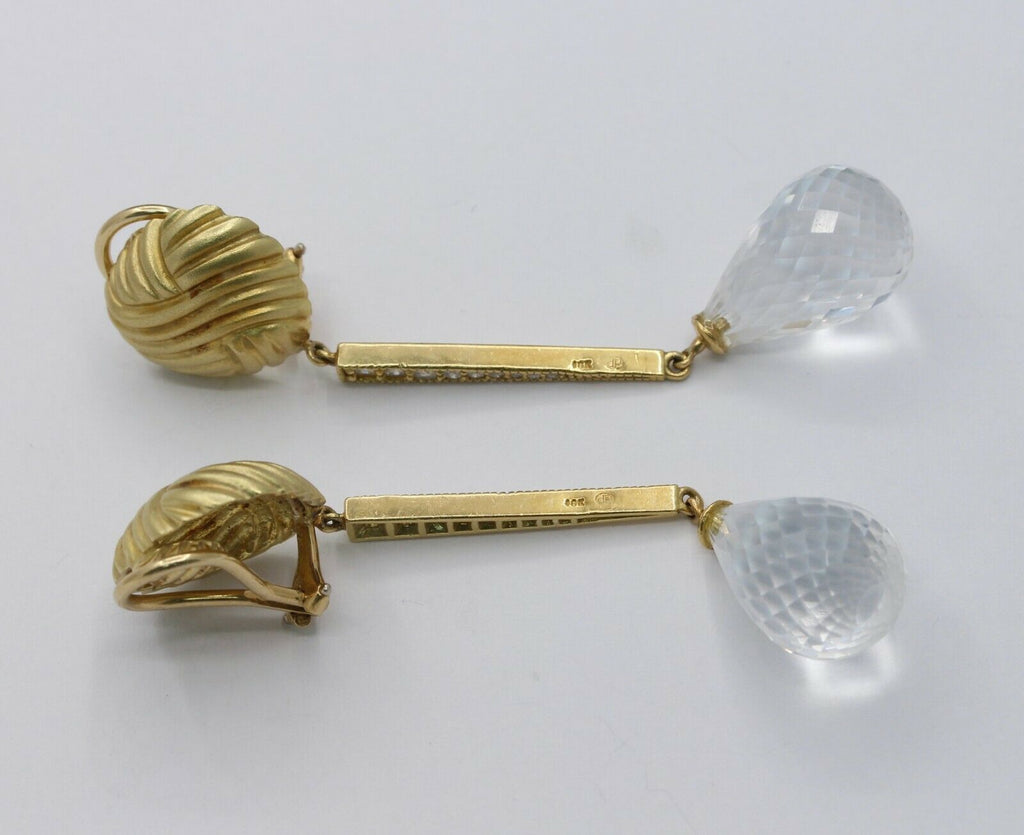 Vintage 18K Yellow Gold Diamond Rock Crystal Tear Drop Clip Earrings