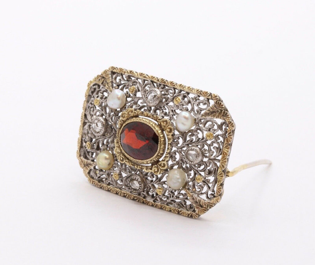 Victorian Garnet Old Mine Diamonds 18K White Yellow Gold Pearls Brooch Pin