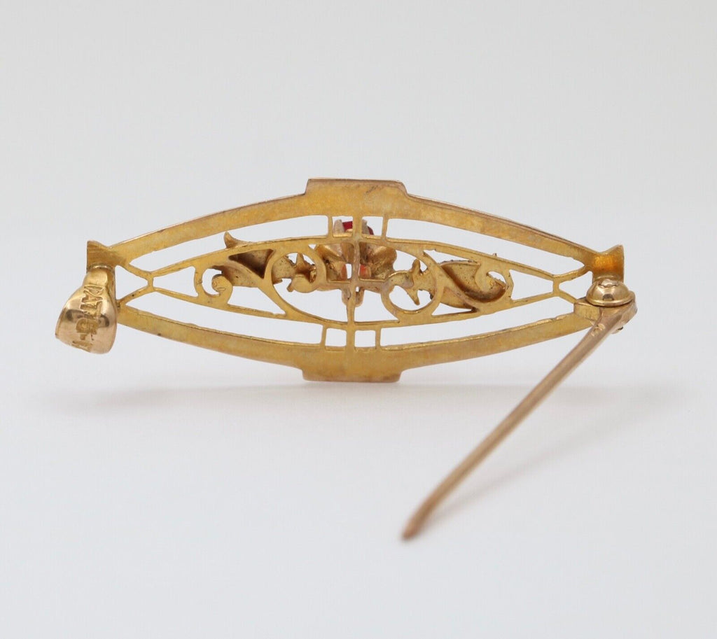 Art Nouveau Ruby 10K Yellow Gold Brooch Pin