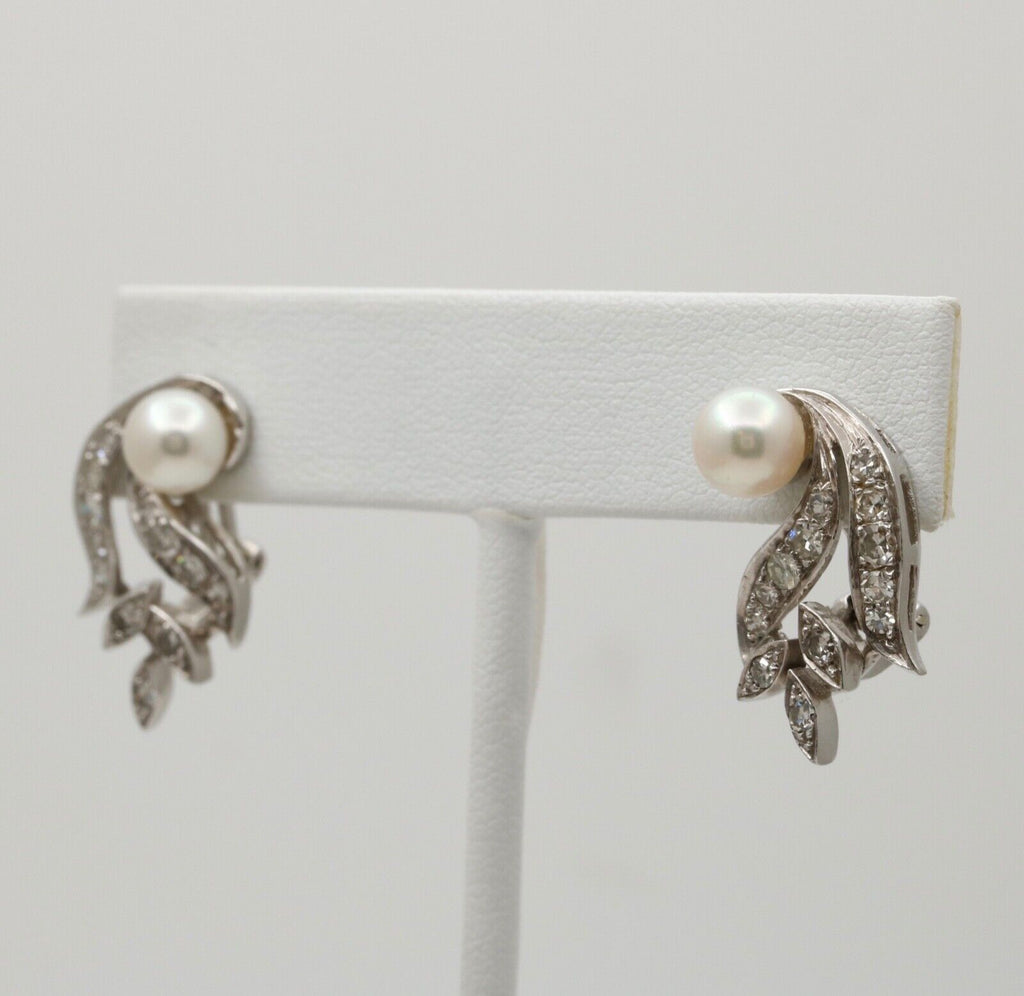 Elegant Vintage 14K Gold Pearl and Diamond Clip Earrings.