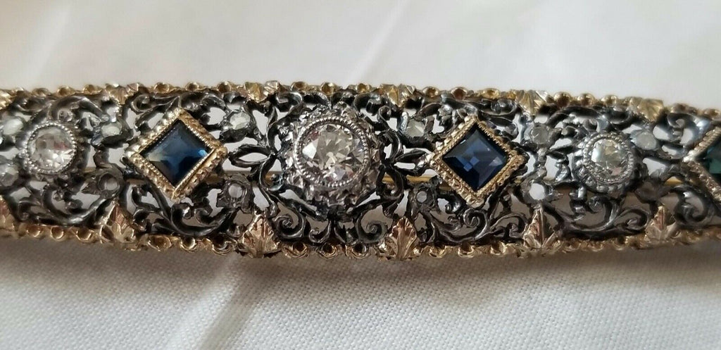 Edwardian 18K Yellow Gold Sterling Silver Diamonds Sapphires Brooch Pin