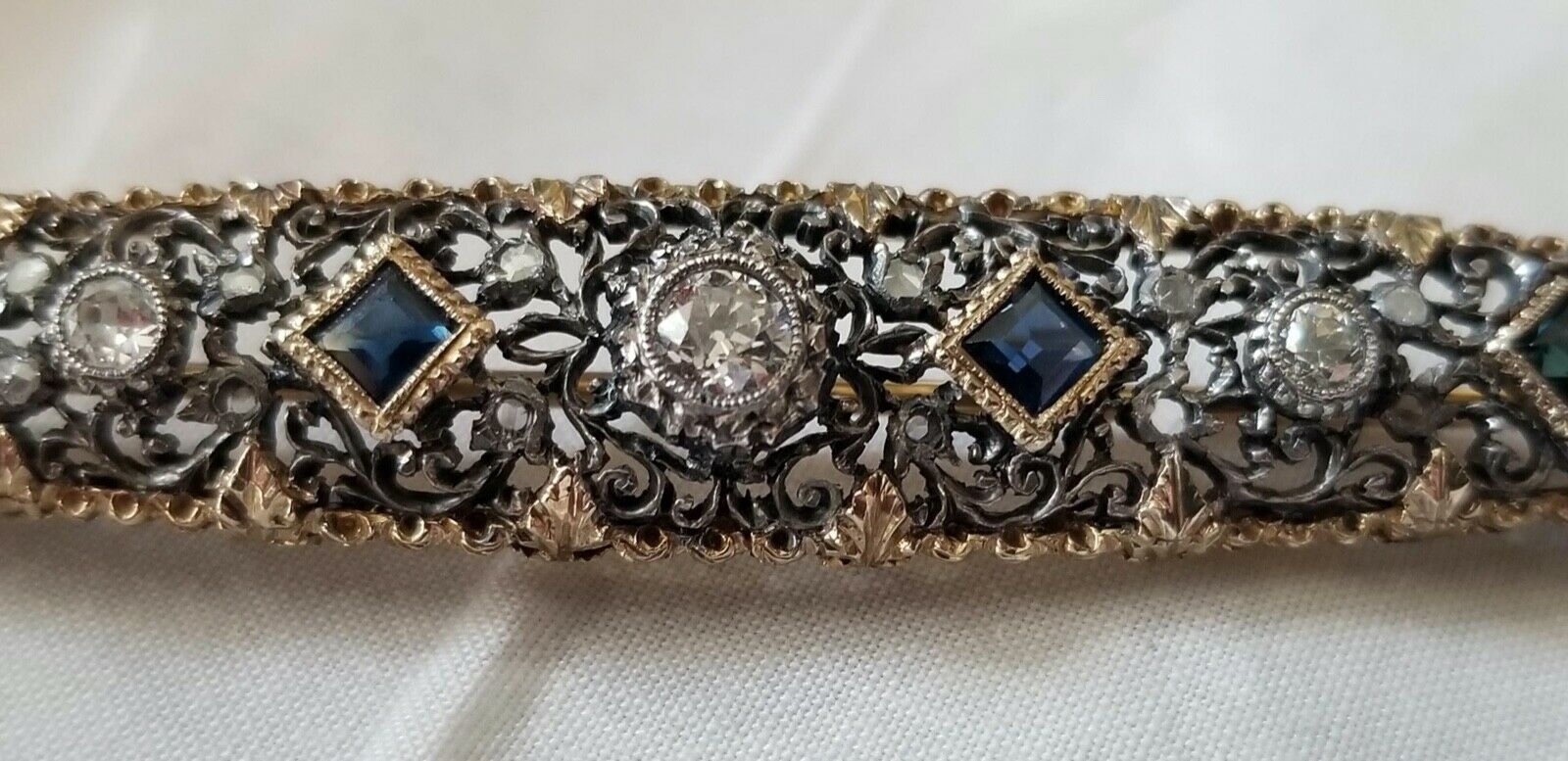 Edwardian 18K Yellow Gold Sterling Silver Diamonds Sapphires Brooch Pin