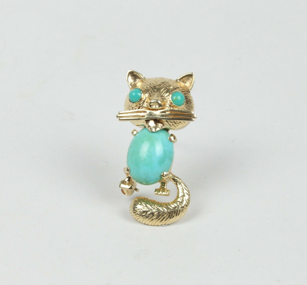 Vintage Turquoise Cat Brooch 14K Yellow Gold