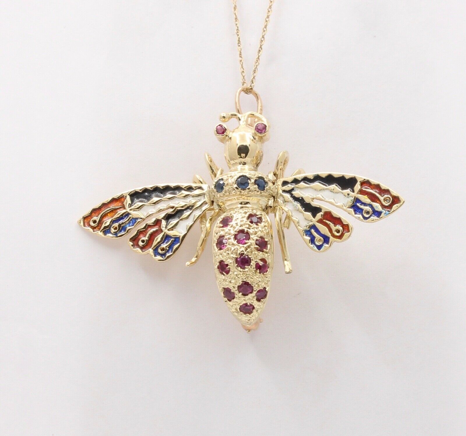 Vintage Movable Honey Bee Sapphires Rubies Enamel 14K Yellow Gold Brooch Pendant