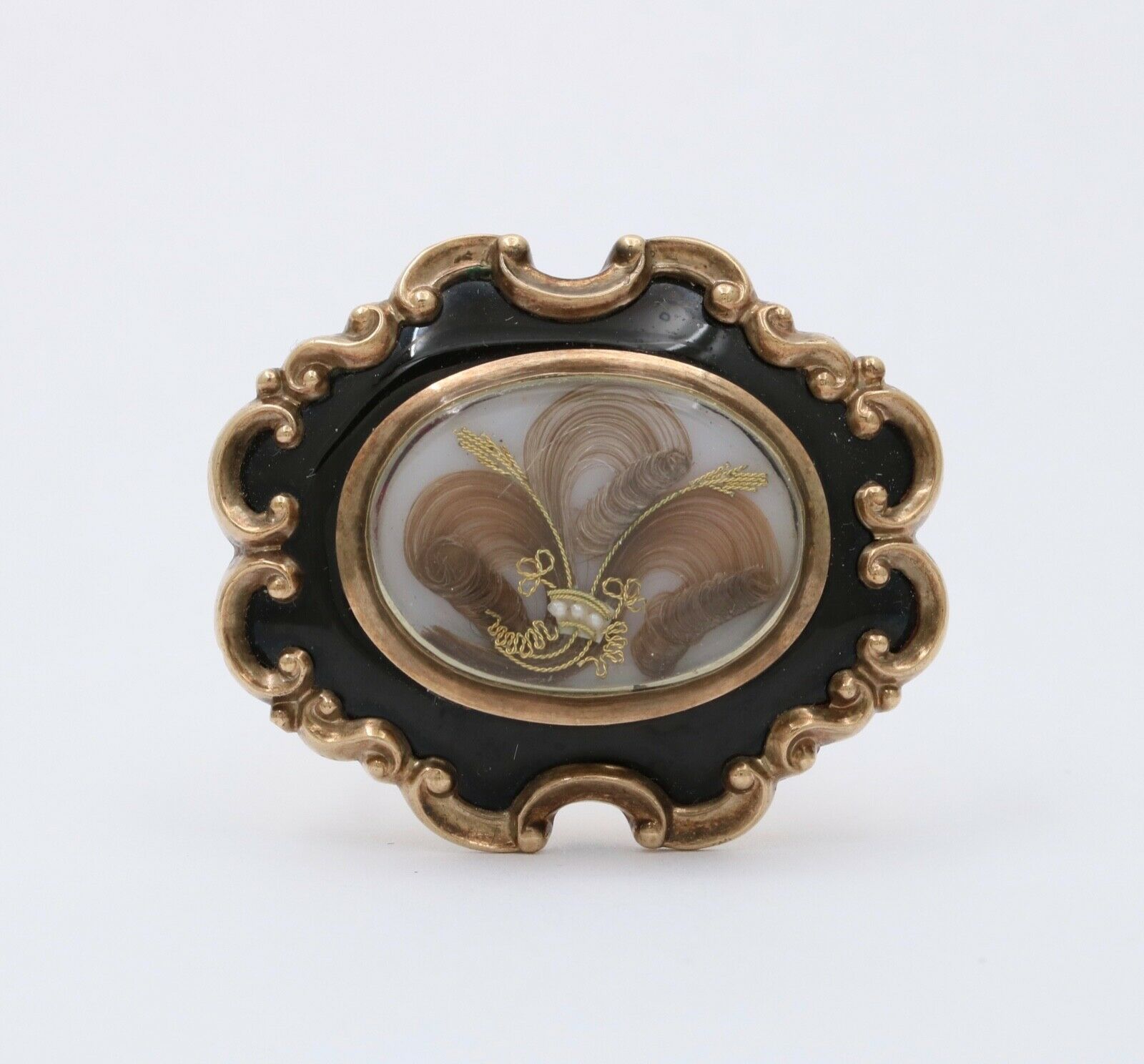 Victorian Memento Mori Hair 10K Enamel Brooch Pendant