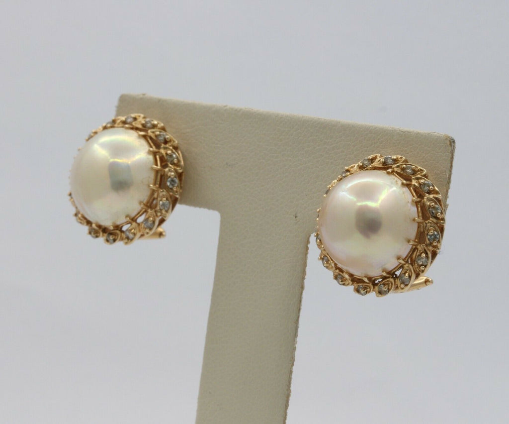 Vintage 14K Yellow Gold Mabe Pearl Diamond Earrings