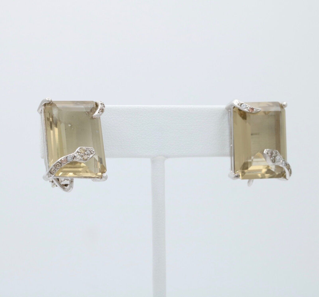 Vintage Modernist Snake Topaz and Diamond 18K White Gold Clip On Earrings