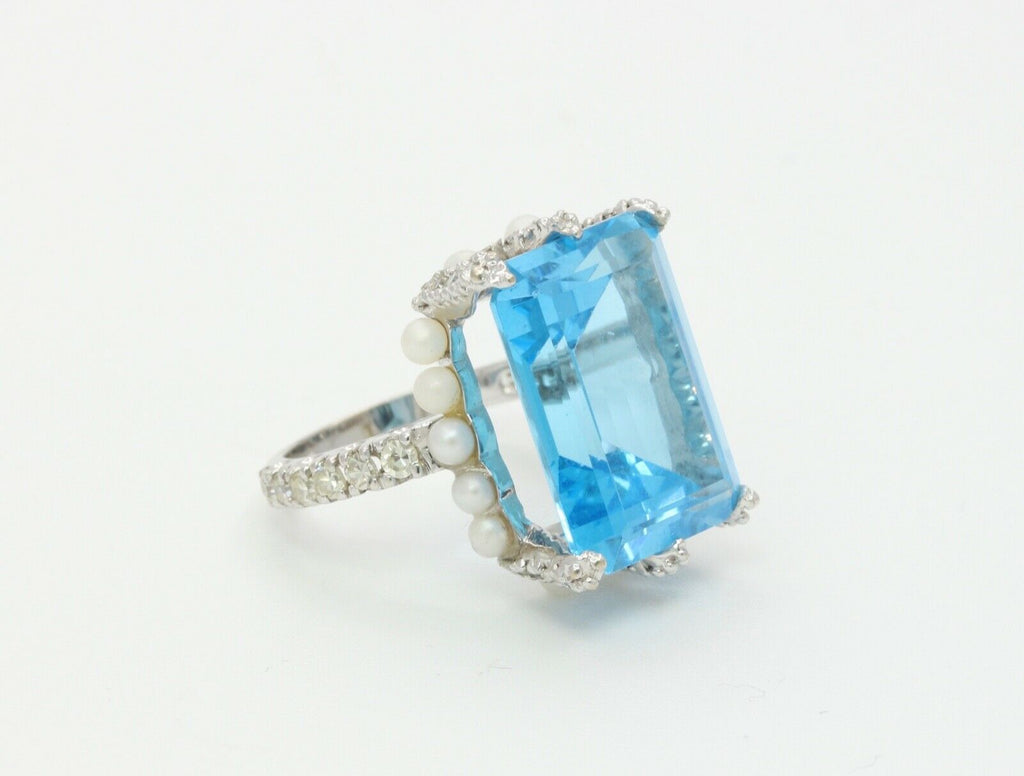 Elegant Retro Emerald Cut Blue Topaz Diamonds Pearls 18K White Gold Ring
