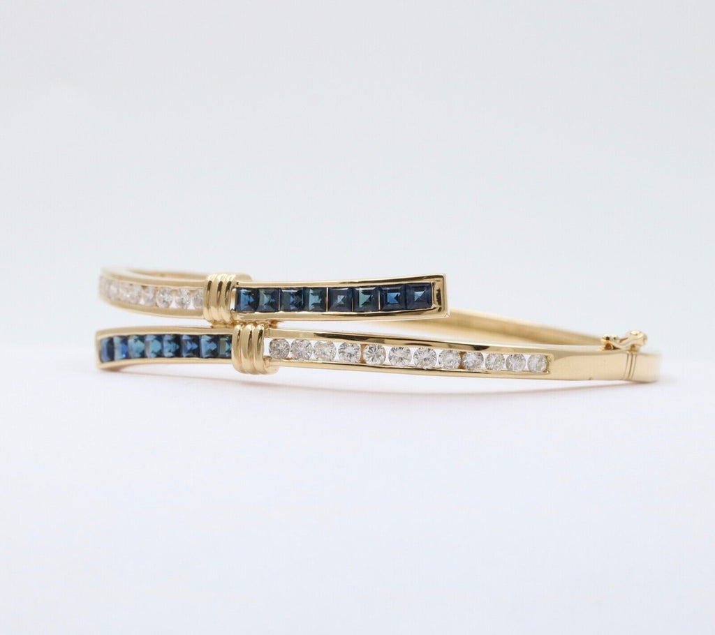 Vintage Sapphires Diamonds 18K Yellow Gold Bangle Bracelet