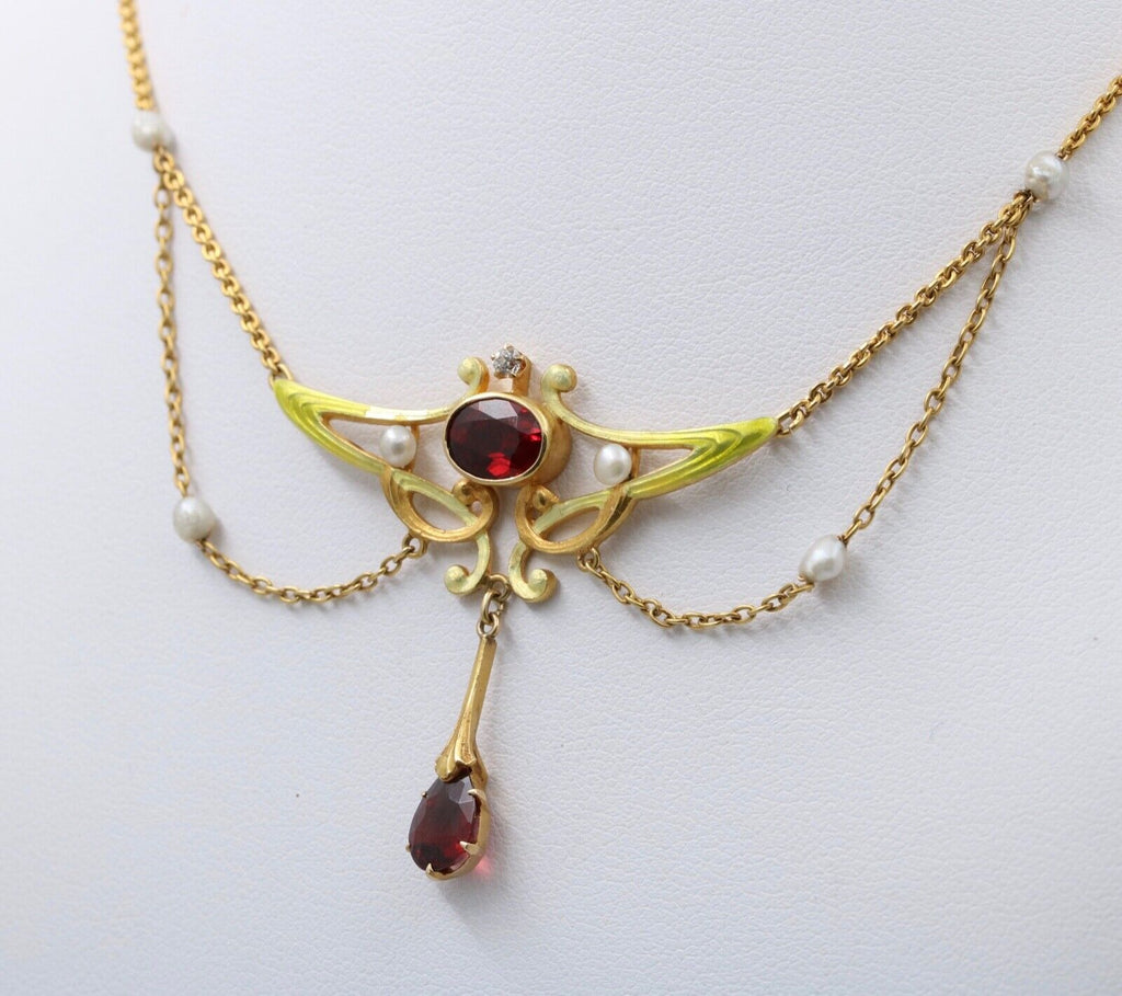 Art Nouveau 14K Yellow Gold Garnet & Pearl Enamel Festoon Necklace.