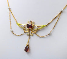 Load image into Gallery viewer, Art Nouveau Pendant Chain Garnet Natural Pearls Diamonds 14K Yellow Gold
