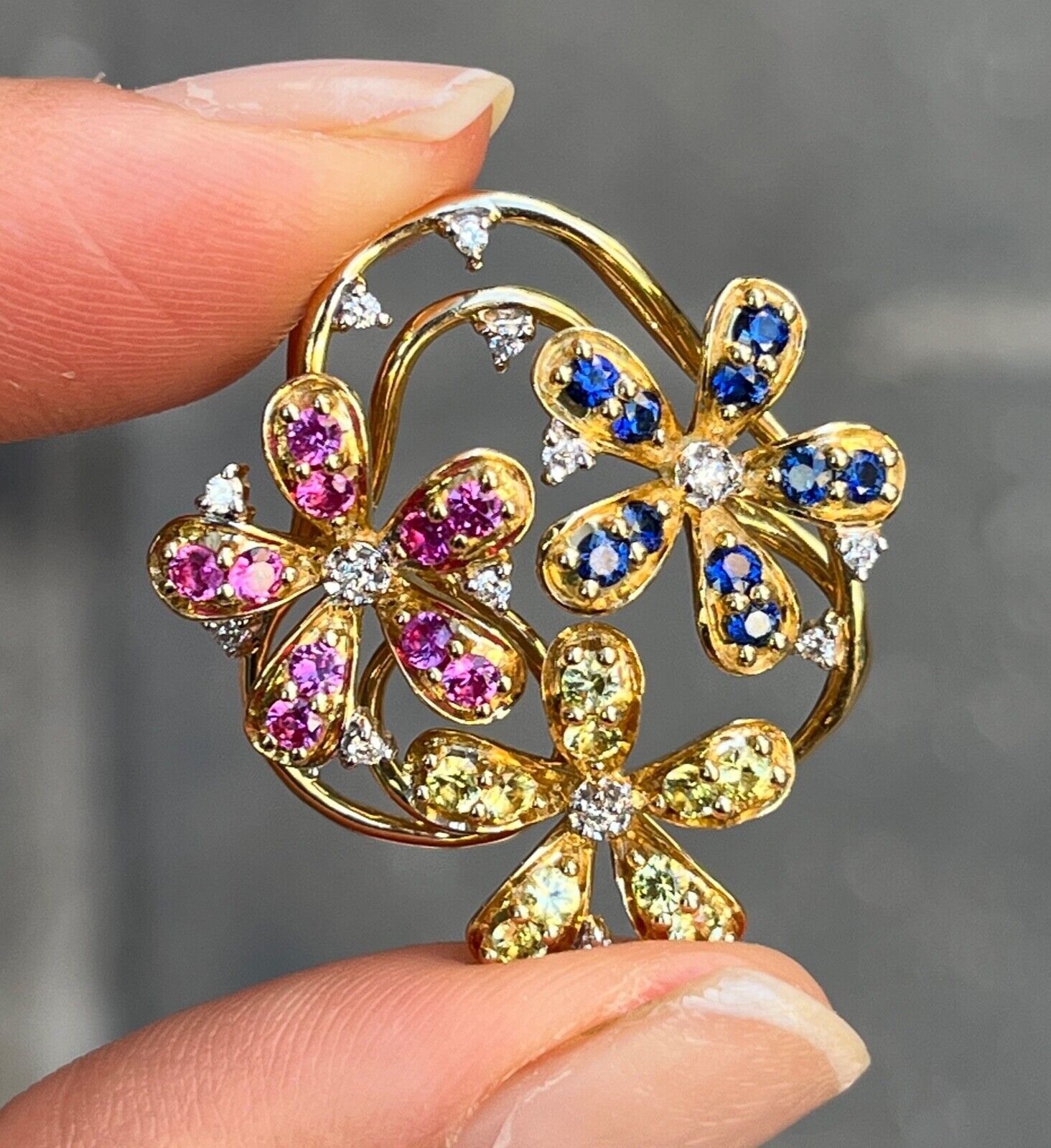 Lovely Multi-Color Sapphire and Diamond 14K Yellow Gold Flower Pendant, Necklace