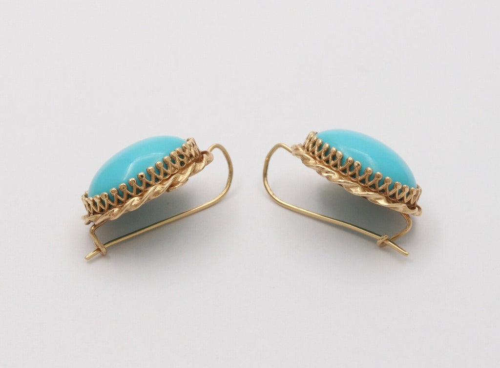 Vintage Turquoise 14K Yellow Gold Frame Dangling Earrings, Estate.