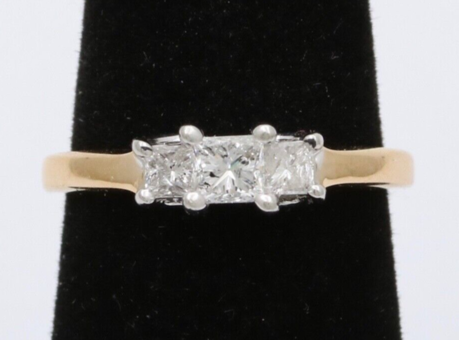 Vintage 14K Gold & Platinum Princess Cut Three Stone Diamonds Engagement Ring, R