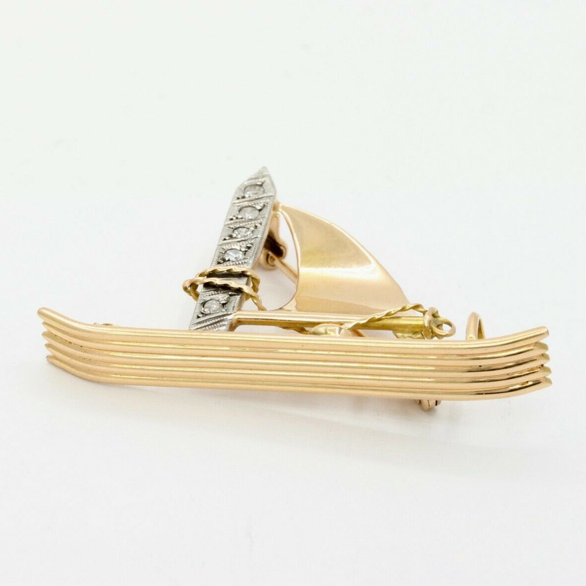 Vintage 14k Yellow Gold Diamond SailBoat Brooch