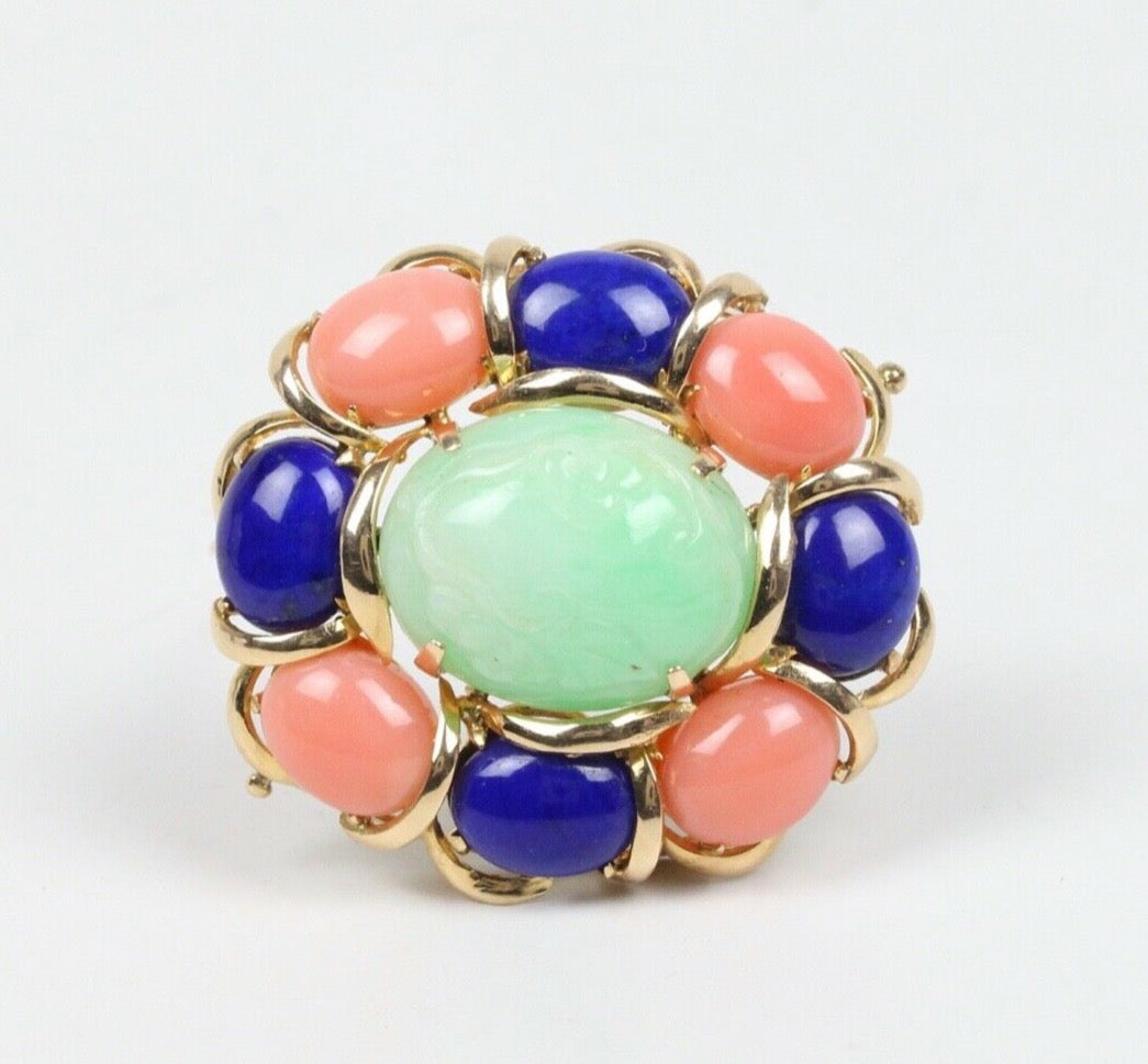 Beautiful Vintage Multi Stone Jade Jasper Lapis Lazuli Brooch Pin