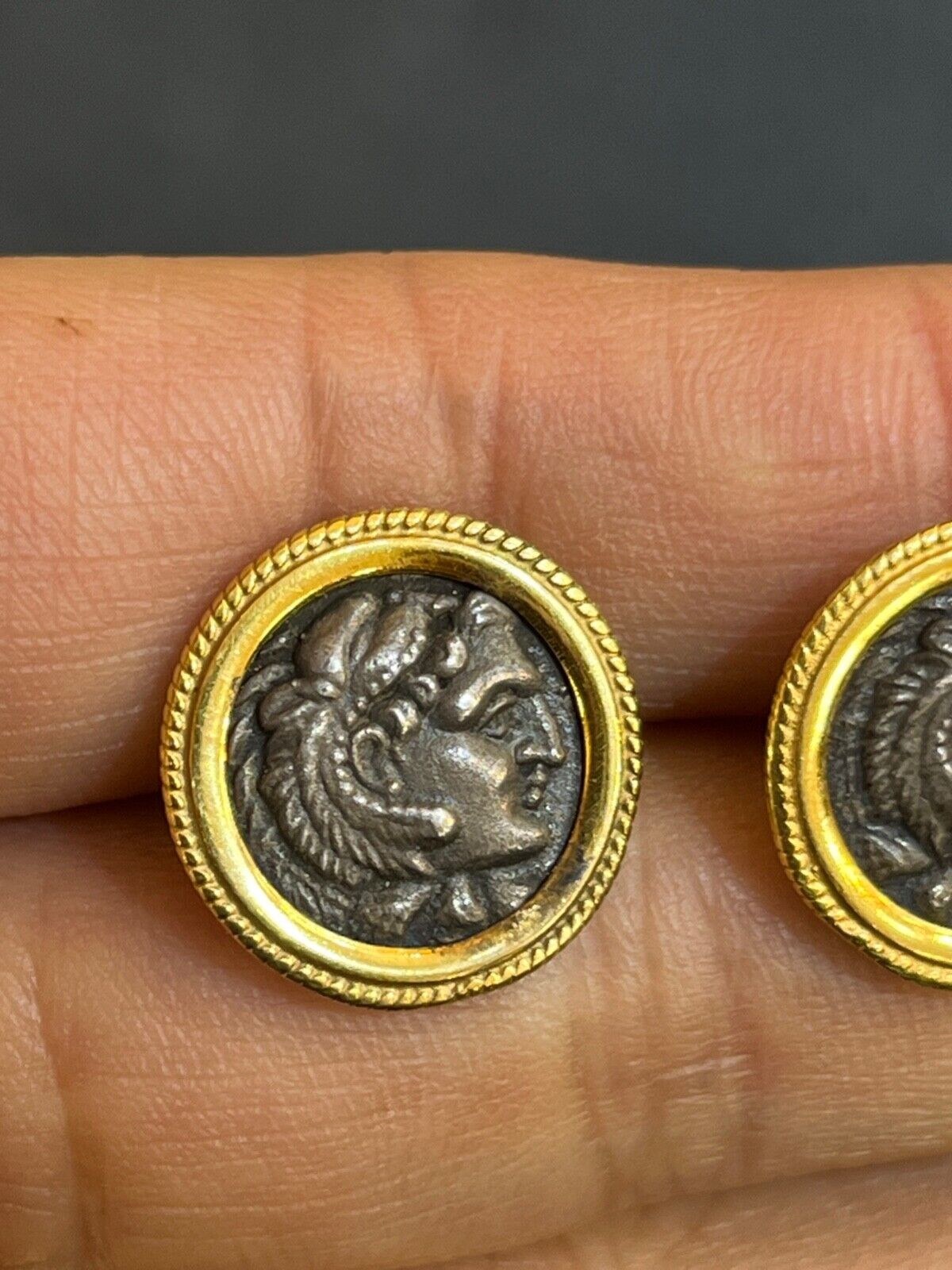 Vintage 14k Yellow Gold Ancient coin Alexander III 'the Great', Posthumous Studs