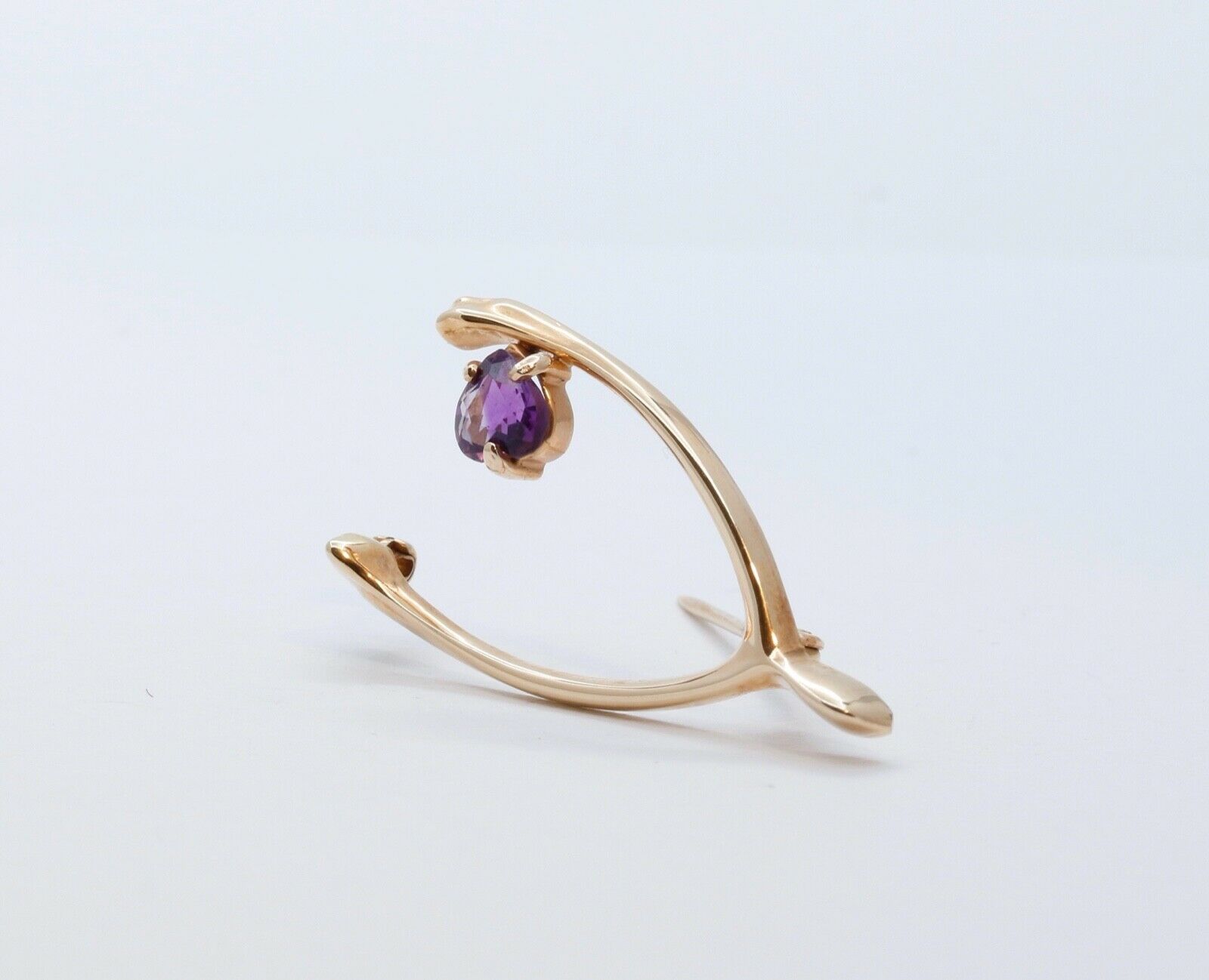 Vintage Lucky 14K Yellow Gold Wishbone Heart Amethyst Pendant Pin
