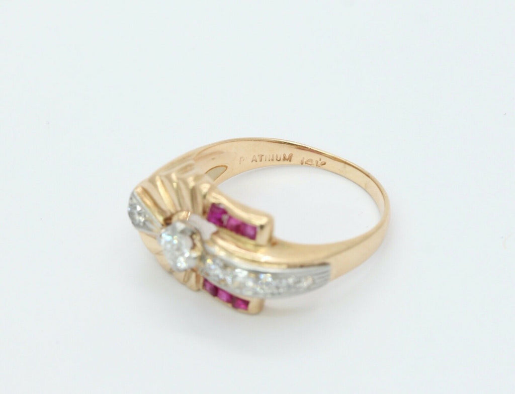 Vintage Indian Headdress Diamonds Rubies 14K Yellow Gold Platinum Ring