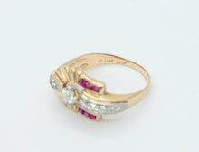 Load image into Gallery viewer, Vintage Indian Headdress Diamonds Rubies 14K Yellow Gold Platinum Ring
