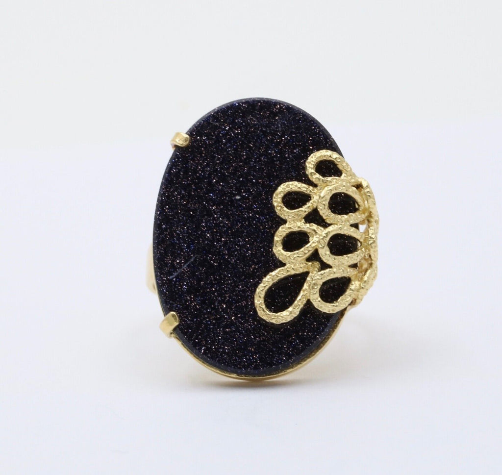 Vintage 18K Yellow Gold Blue Goldstone Statement Ring