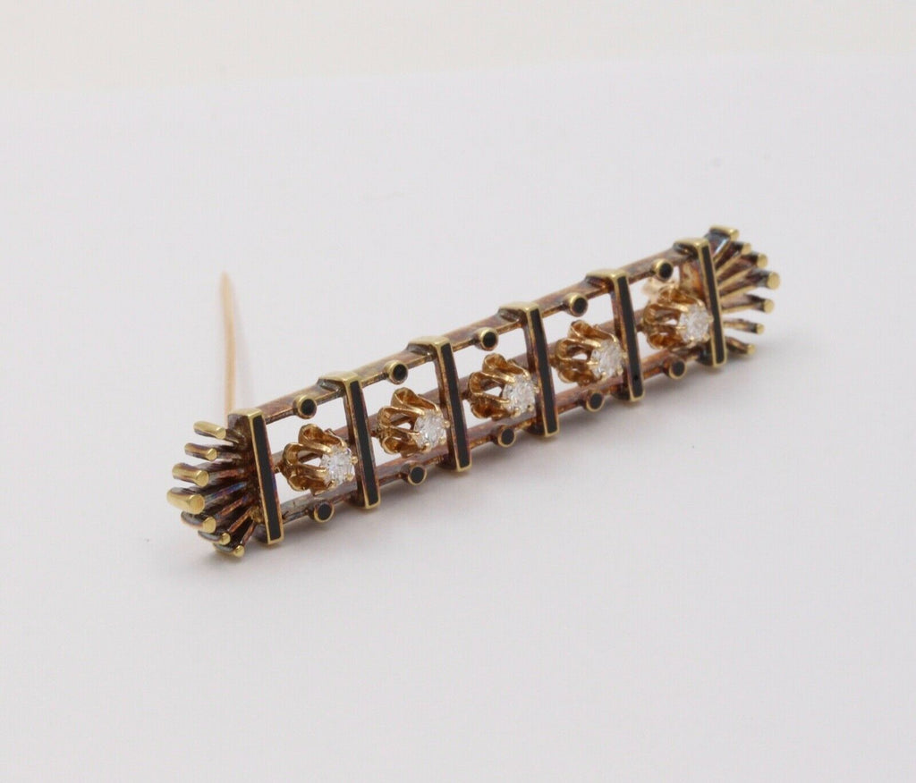 Vintage Art Deco Style 14K Yellow Gold Diamond Black Enamel Bar Pin, Brooch.