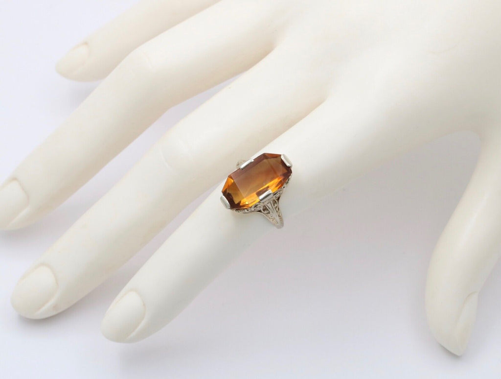 Antique Art Deco Citrine 14K White Gold Filigree Ring, Statement Ring