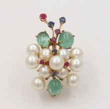 Load image into Gallery viewer, Vintage Cluster 14K YG Emeralds Sapphires Rubies Pearls Brooch Pendant
