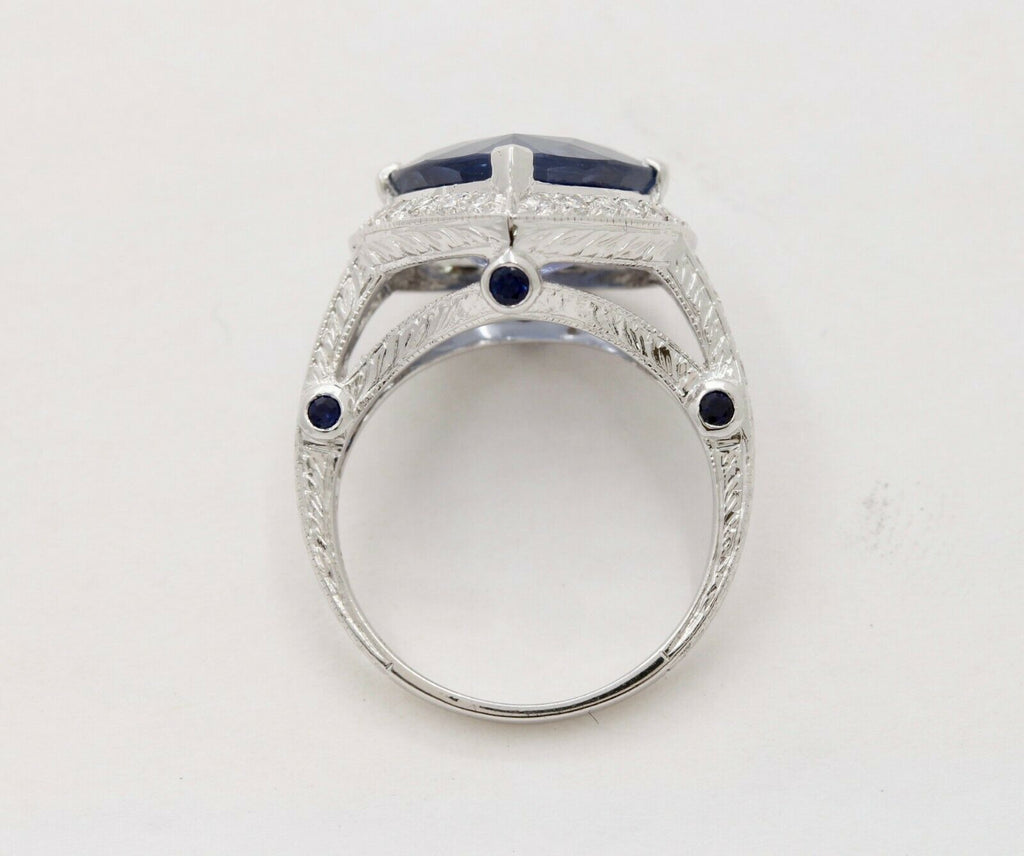 Vintage 18K White Gold Trillion- Cut Sapphire Diamond Halo Ring