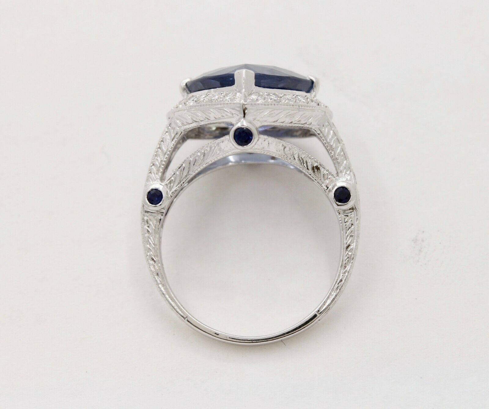 Vintage 18K White Gold Trillion- Cut Sapphire Diamond Halo Ring