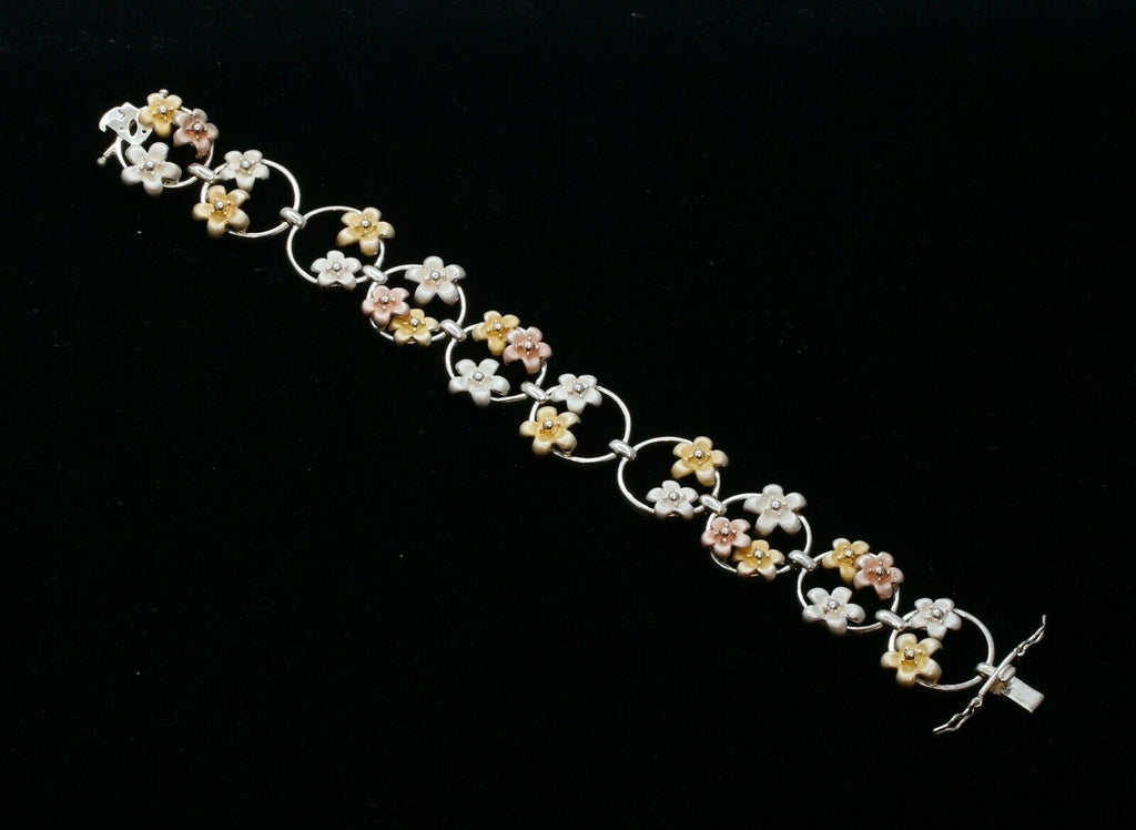 Vintage Sterling Silver Tri Tone Floral Bracelet