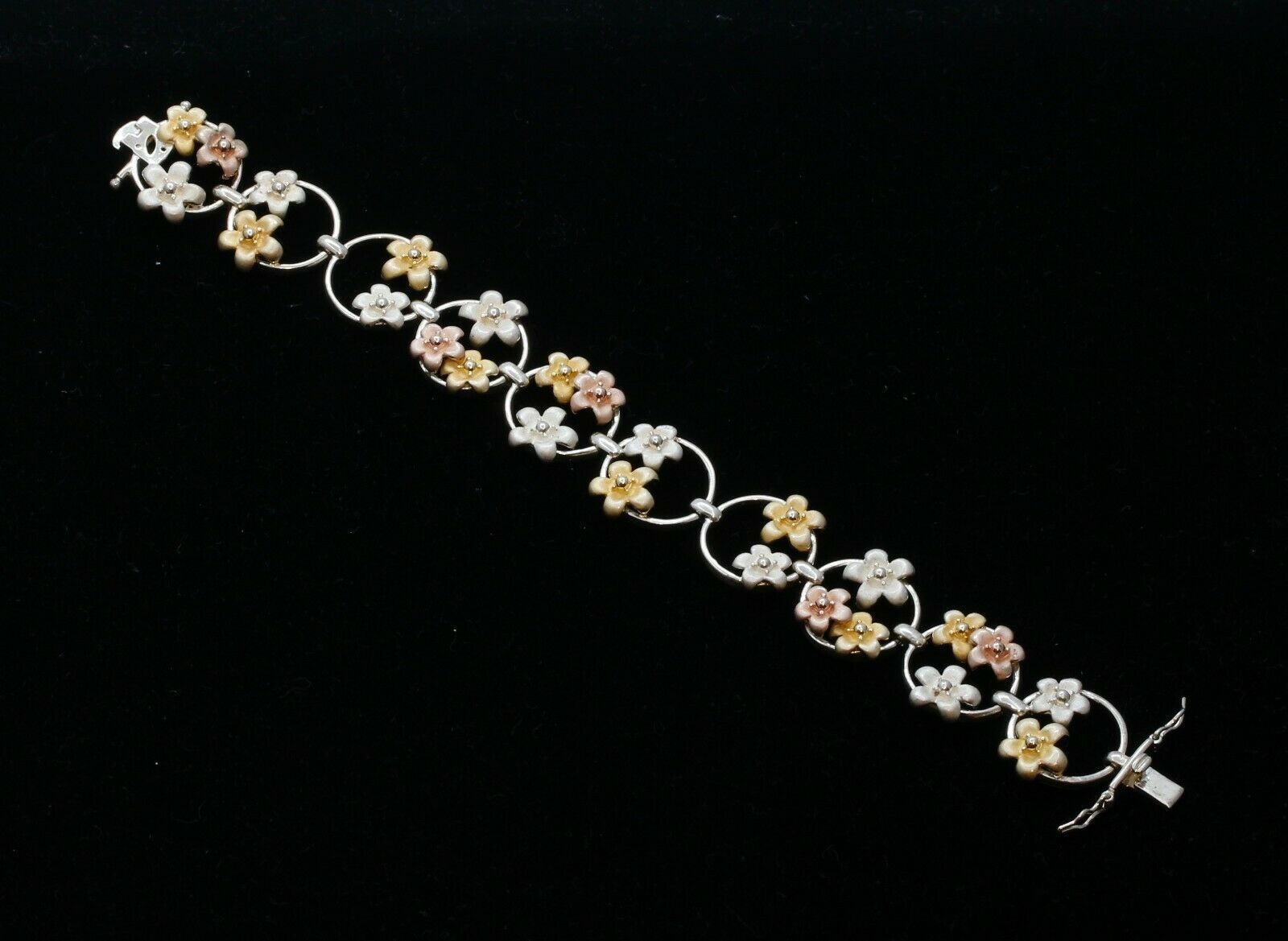 Vintage Sterling Silver Tri Tone Floral Bracelet