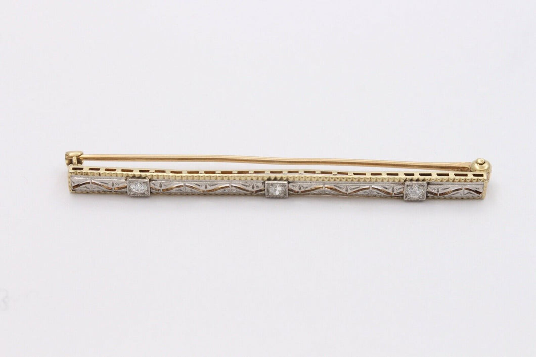 Art Deco 14K White Yellow Gold Diamonds Bar Brooch Pin