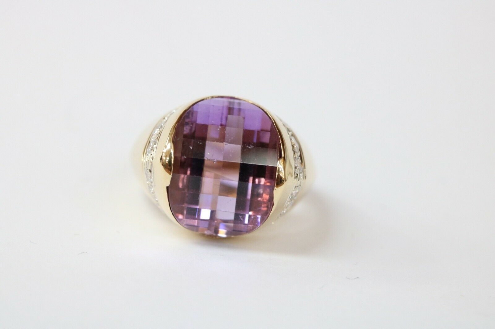 Vintage 14K Yellow Gold  Amethyst & Diamonds Funky Ring.