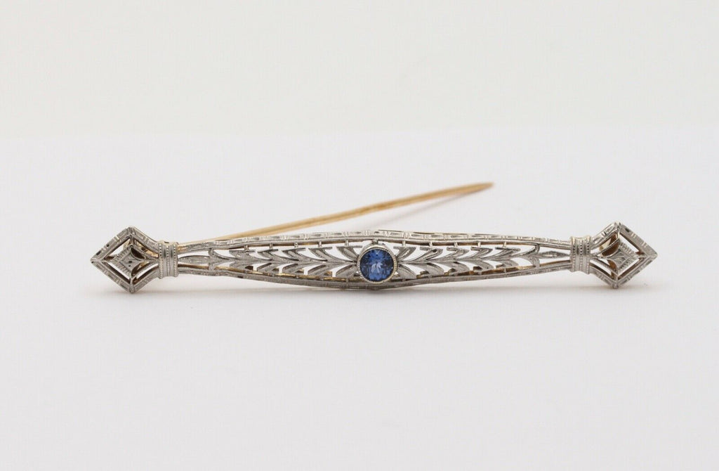 Art Deco Krementz 14K White & Yellow Gold Sapphire Filigree Bar Pin
