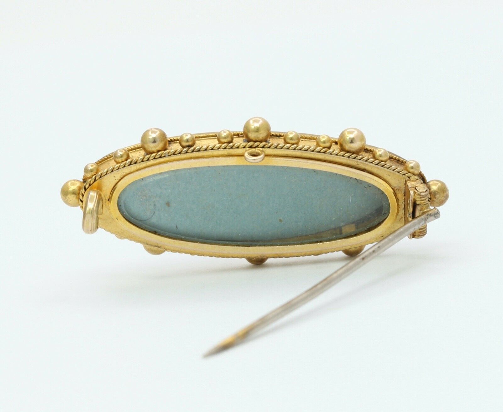 Victorian 15K Yellow Gold Black Onyx Seed Pearls Memorial Brooch