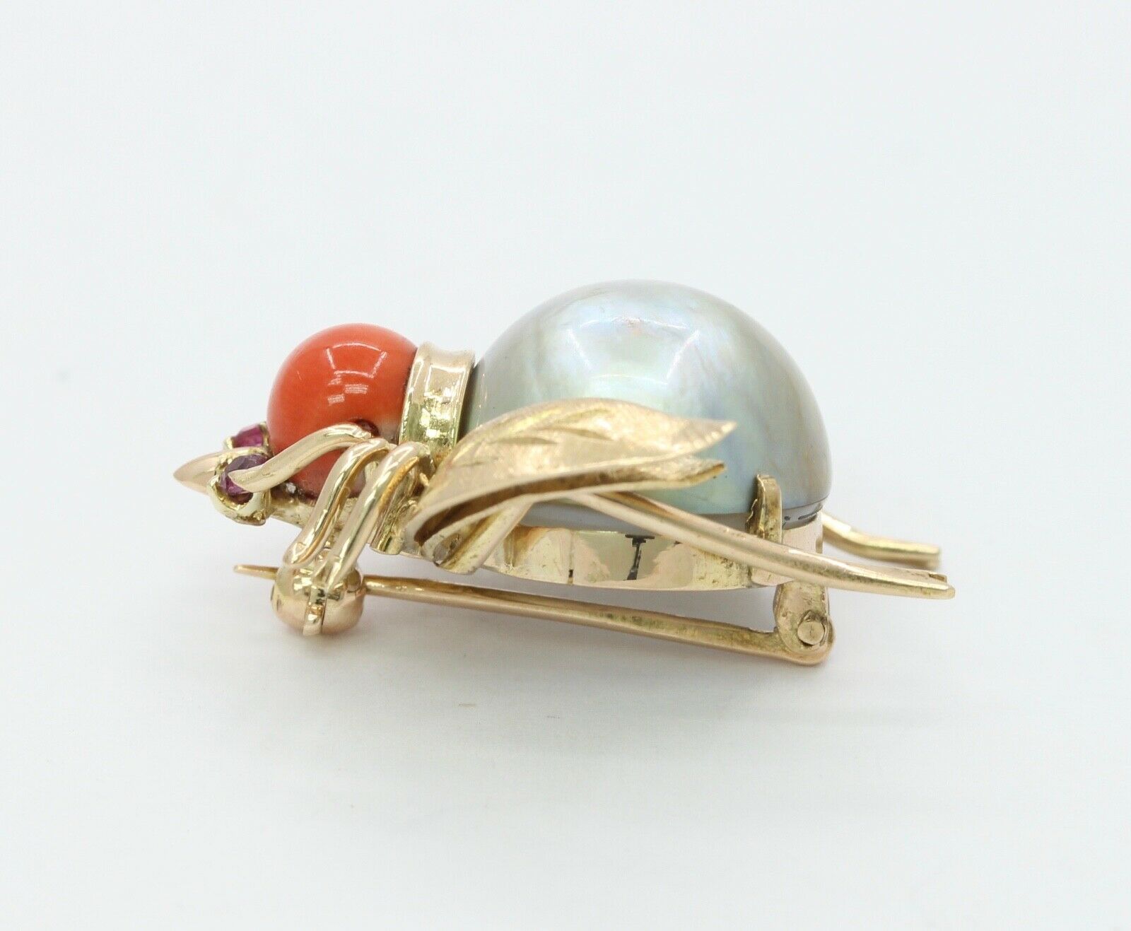Vintage Ladybug 18K Yellow Gold Coral Made Pearl Brooch Pin
