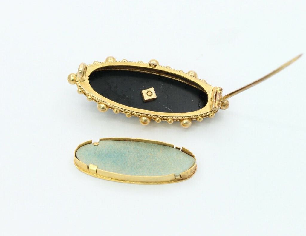 Victorian 15K Yellow Gold Black Onyx Seed Pearls Memorial Brooch