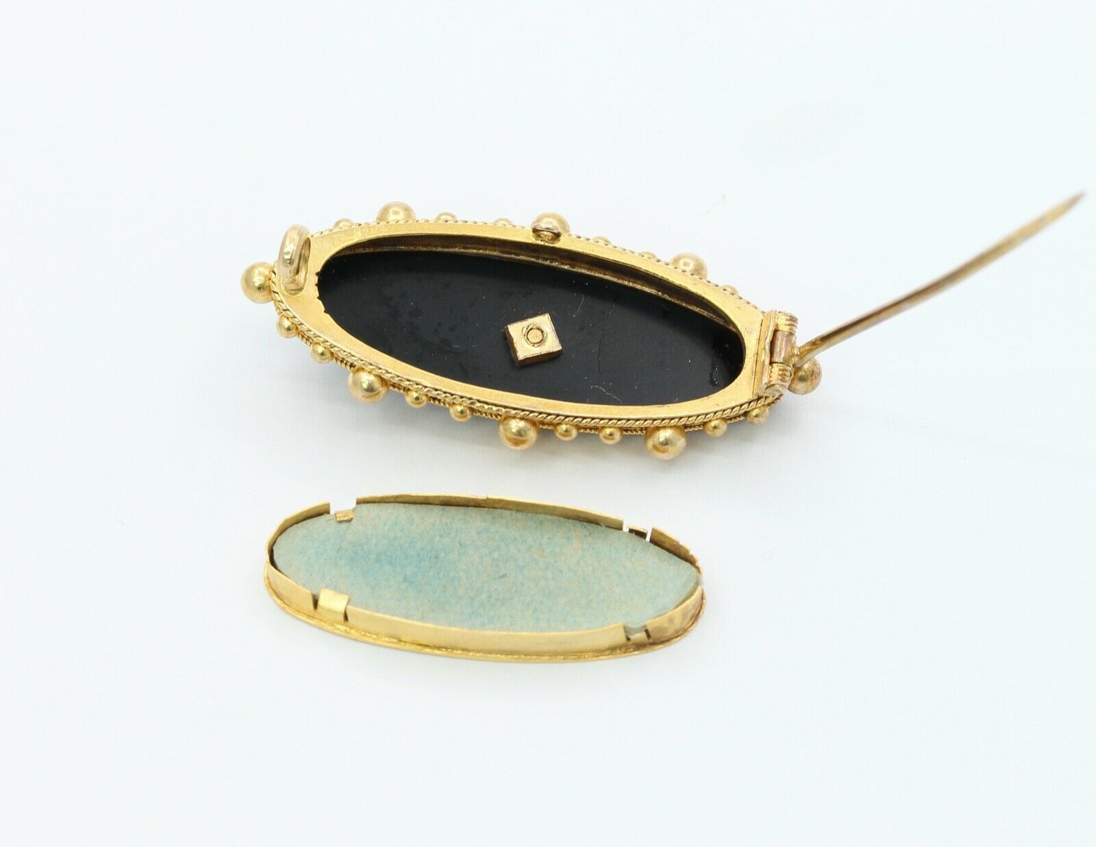 Victorian 15K Yellow Gold Black Onyx Seed Pearls Memorial Brooch