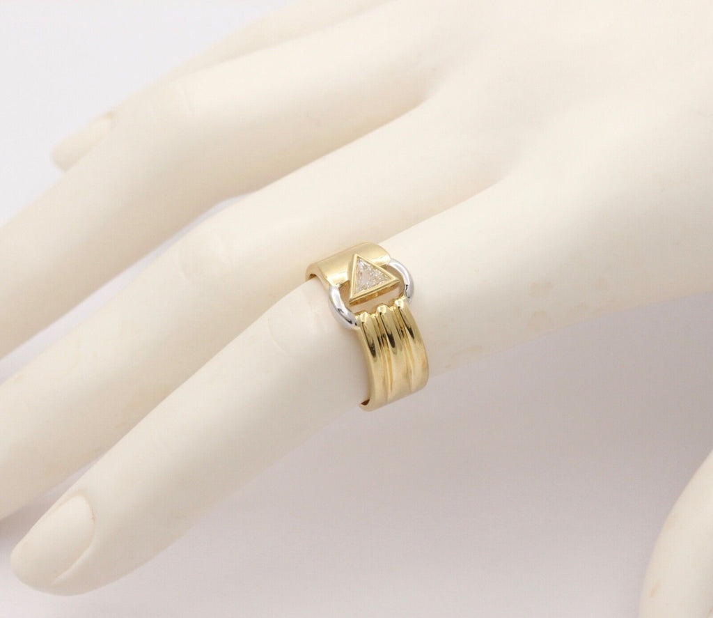 Vintage Geometric Trillion Cut Diamond 18K Yellow White Gold Ring