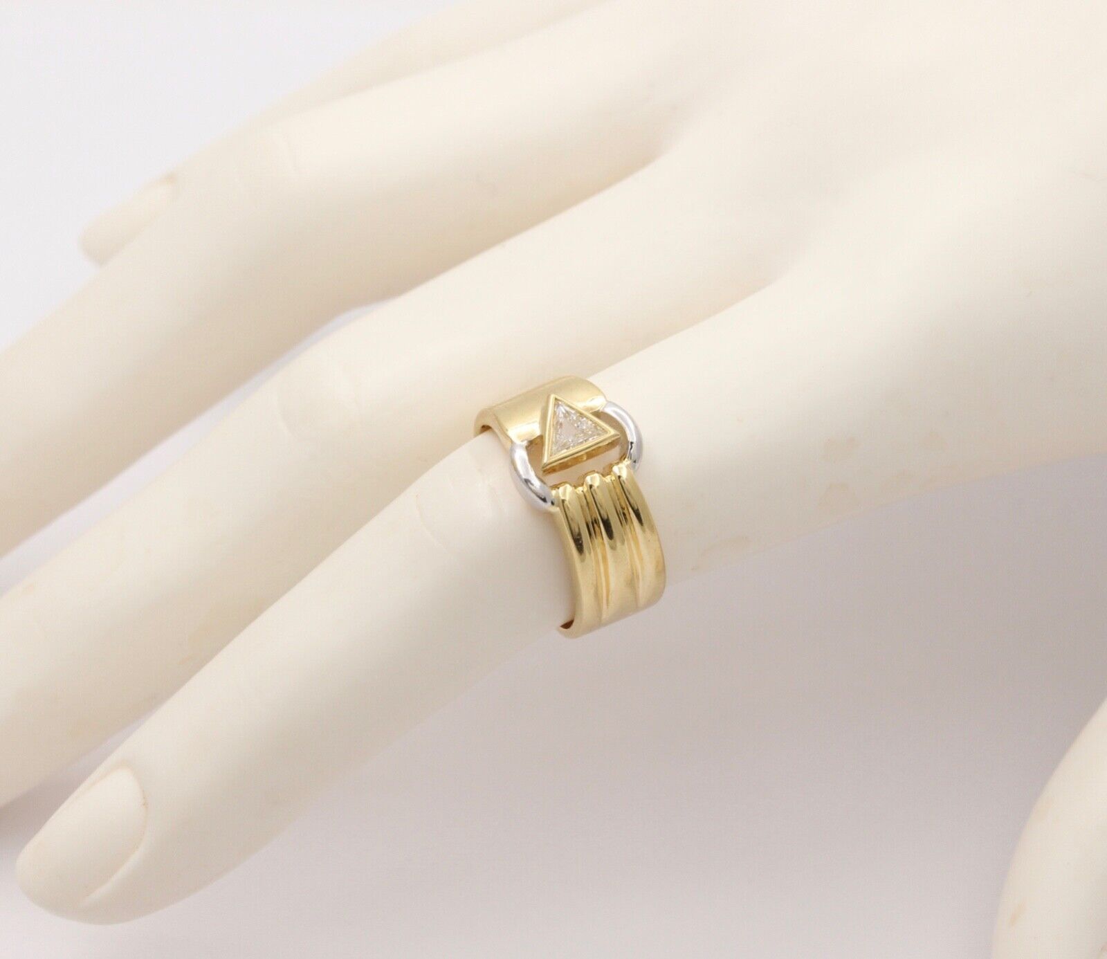 Vintage Geometric Trillion Cut Diamond 18K Yellow White Gold Ring