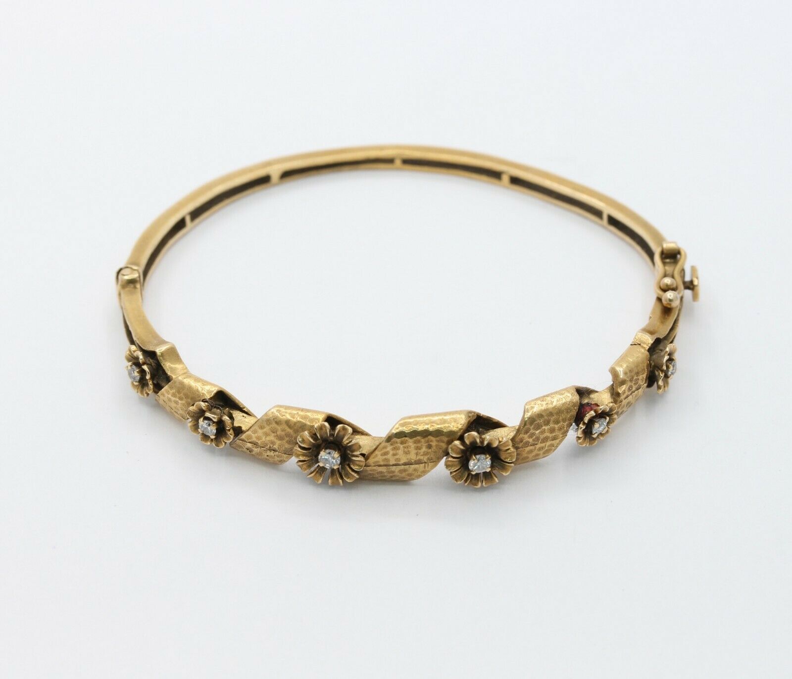 Vintage 14K Yellow Gold Floral Swirl Diamond Bangle