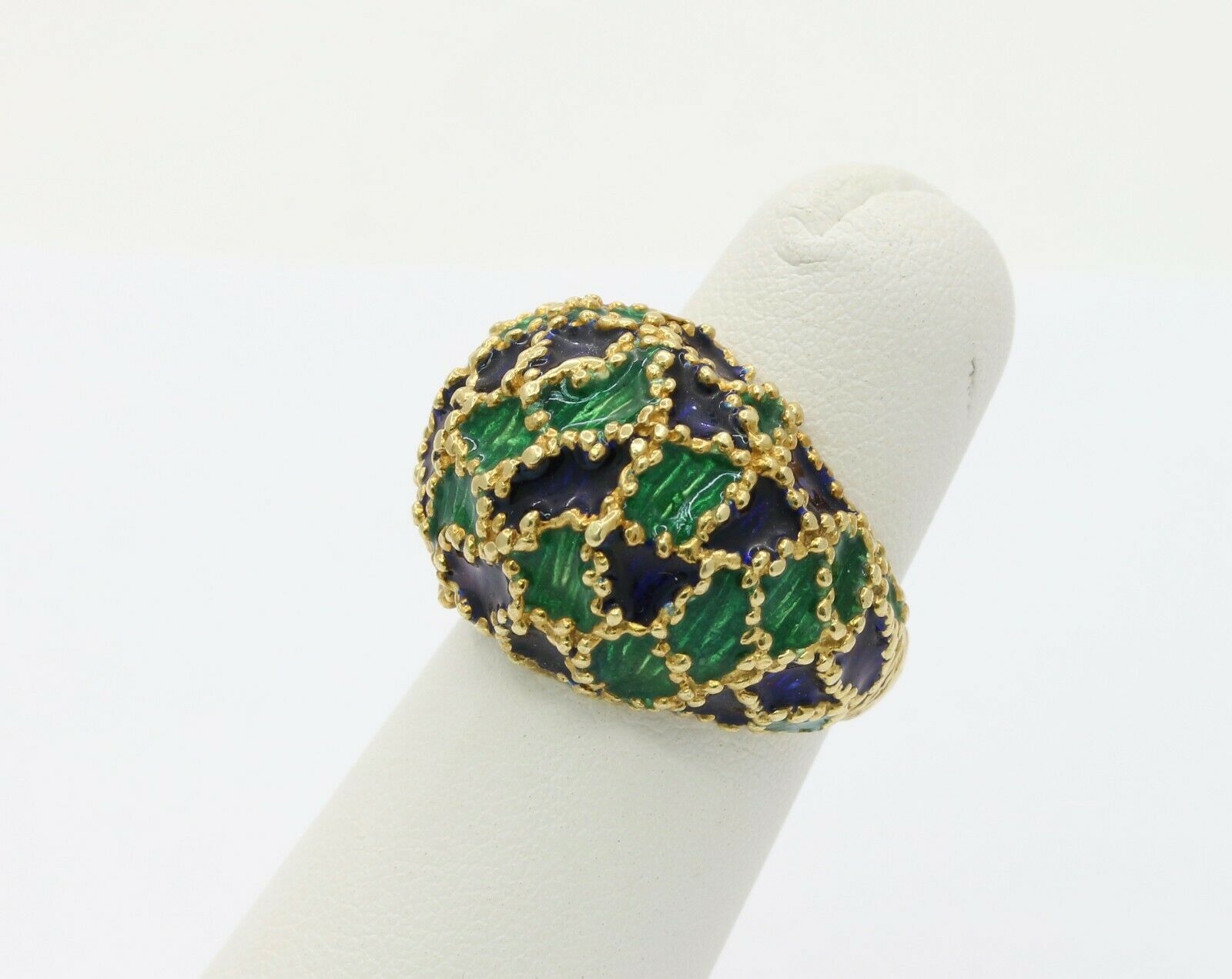 Vintage 18K Gold Blue & Green Enamel Dome Ring