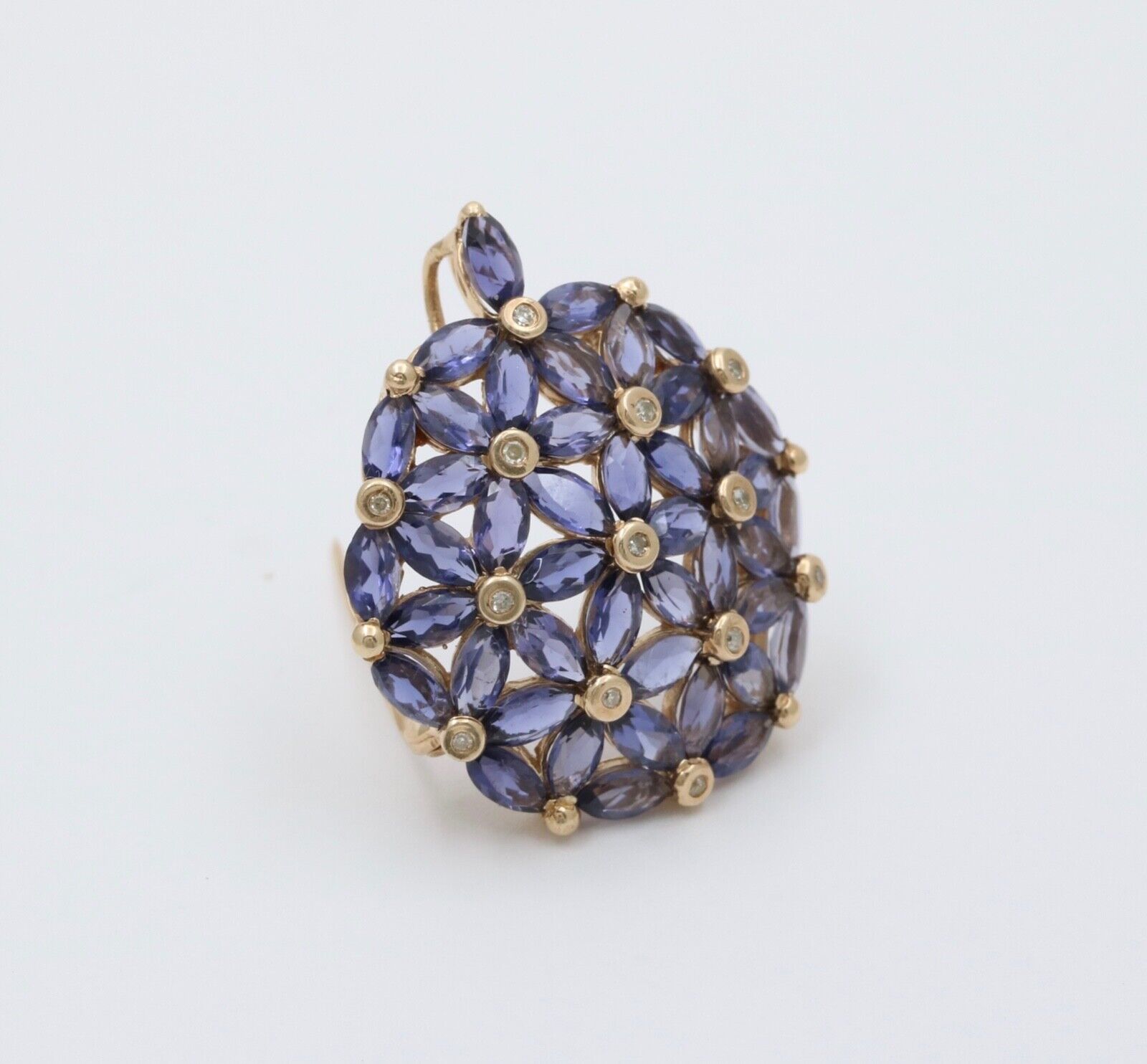 Vintage Tanzanite Diamonds 10K Yellow Gold  Hydrangea Pendant Brooch Pin