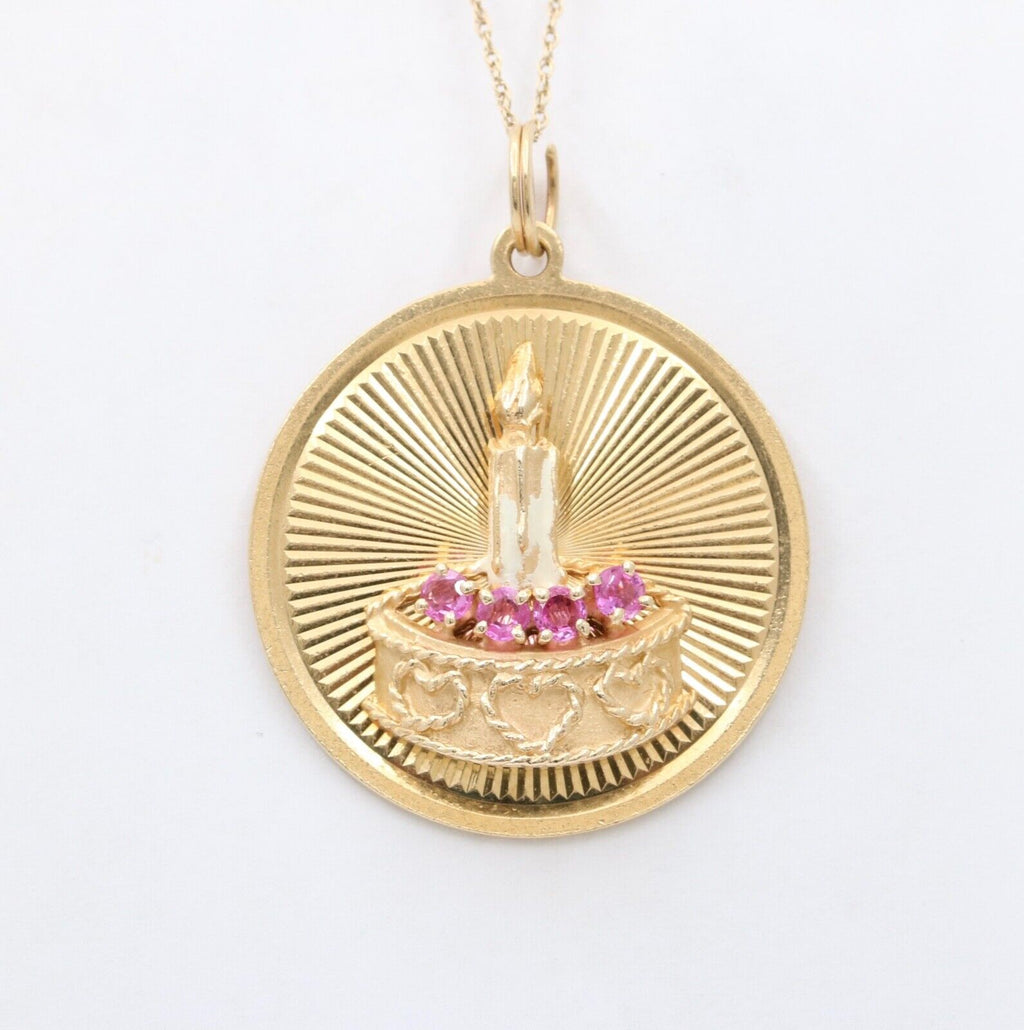 Vintage 14K Yellow Gold Happy Birthday Pendant Rubies Enamel
