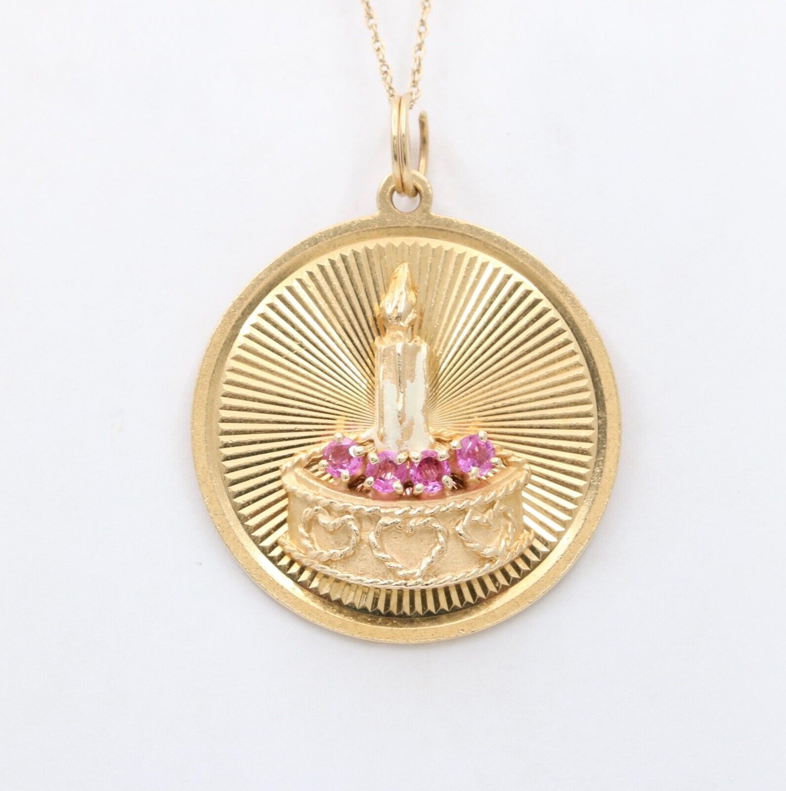 Vintage 14K Yellow Gold Happy Birthday Pendant Rubies Enamel